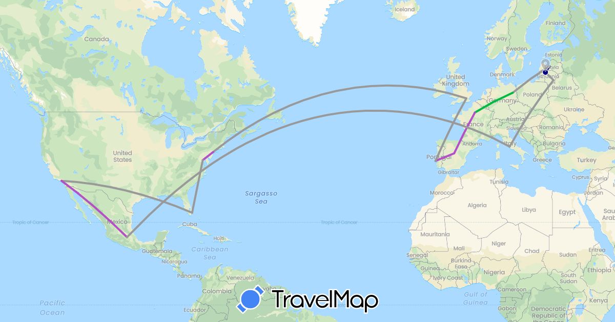 TravelMap itinerary: driving, bus, plane, train in Germany, Spain, France, United Kingdom, Italy, Lithuania, Latvia, Mexico, Portugal, United States (Europe, North America)